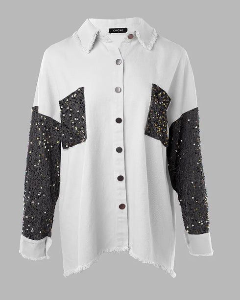 Sequin Decor Turn-down Collar Button Front Pockets Design Denim Coat Casual Fuzzy Spliced Raw Trim Shacket white