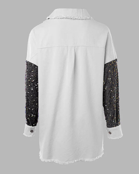 Casual Jacket Sequin Patchwork Long Sleeve Jacket Top Button Front Raw Hem Oversized Denim Shacket white