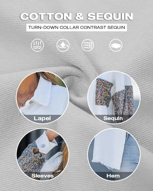 Casual Jacket Sequin Patchwork Long Sleeve Jacket Top Button Front Raw Hem Oversized Denim Shacket white