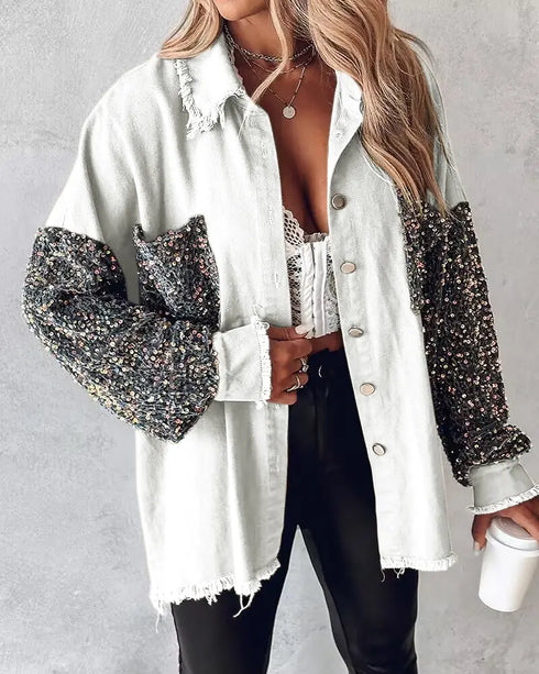 Casual Jacket Sequin Patchwork Long Sleeve Jacket Top Button Front Raw Hem Oversized Denim Shacket white