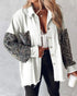 Contrast Sequin Turn-down Collar Long Sleeve Tassel Design Fuzzy Shacket with Pocket white