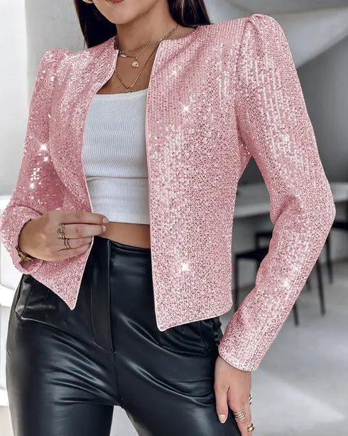 Jacquard & Argyle Pattern Open Front Jacket Casual Crop Coat pink