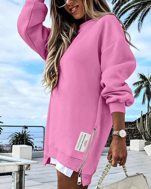 Letter Patch Detail Long Sleeve Drop Shoulder Pullover Sweatshirt Casual Zipper Side Slit Top pink