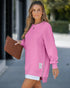Letter Patch Detail Long Sleeve Drop Shoulder Pullover Sweatshirt Casual Zipper Side Slit Top pink