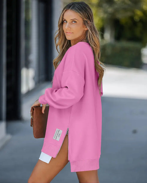 Letter Patch Detail Long Sleeve Drop Shoulder Pullover Sweatshirt Casual Zipper Side Slit Top pink