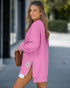 Letter Patch Detail Long Sleeve Drop Shoulder Pullover Sweatshirt Casual Zipper Side Slit Top pink