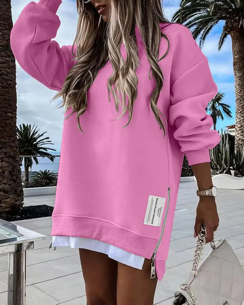 Letter Patch Detail Long Sleeve Drop Shoulder Pullover Sweatshirt Casual Zipper Side Slit Top pink