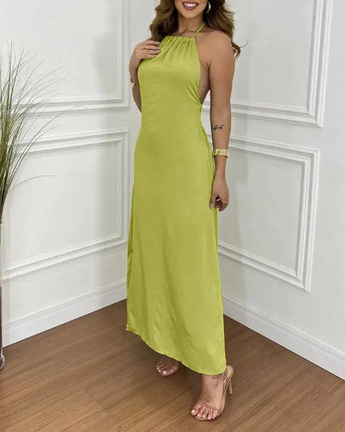 Halter Sleeveless Backless Maxi Dress Casual Shirred Back Side Slit Vacation Dress light green