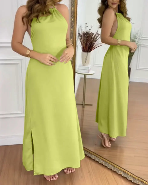 Halter Sleeveless Backless Maxi Dress Casual Shirred Back Side Slit Vacation Dress light green