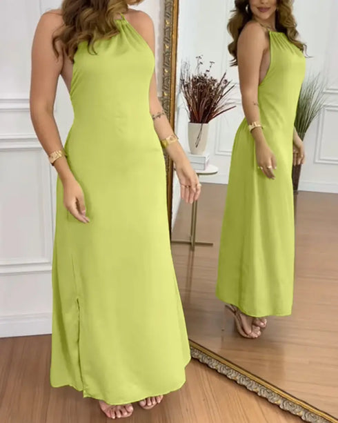 Halter Sleeveless Backless Maxi Dress Casual Shirred Back Side Slit Vacation Dress light green