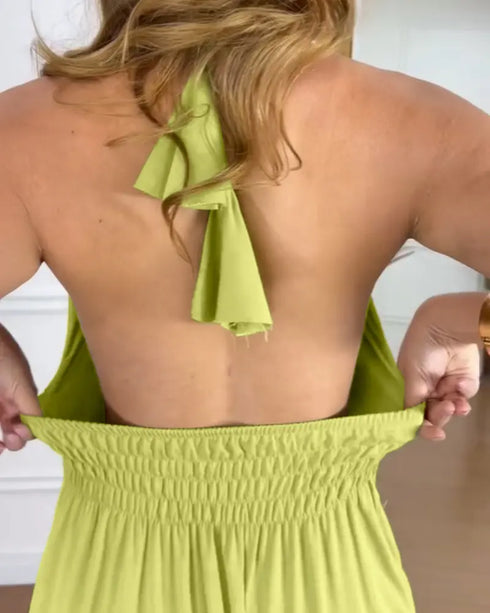 Halter Sleeveless Backless Maxi Dress Casual Shirred Back Side Slit Vacation Dress light green