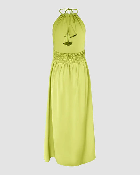 Halter Sleeveless Backless Maxi Dress Casual Shirred Back Side Slit Vacation Dress light green