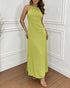 Halter Sleeveless Backless Maxi Dress Casual Shirred Back Side Slit Vacation Dress light green