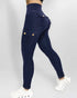 Zipper Pocket Slim Fit Yoga Pants Casual High Waist Workout Pants dark blue