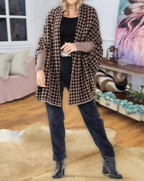 Houndstooth Print Versatile Loose Fit Sweater Coat Casual Warm Cape Shawl brown
