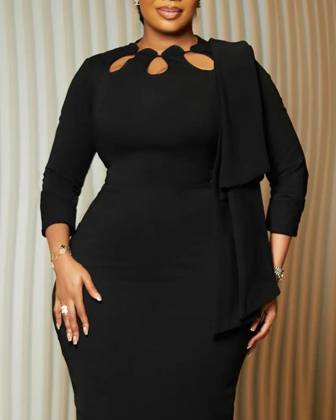 Scalloped Hollow-out Neck Three Quarters Sleeve Draped Work Dress Cinched Waist Bodycon Dress black