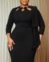 Scalloped Hollow-out Neck Three Quarters Sleeve Draped Work Dress Cinched Waist Bodycon Dress black