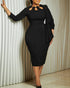 Scalloped Hollow-out Neck Three Quarters Sleeve Draped Work Dress Cinched Waist Bodycon Dress black