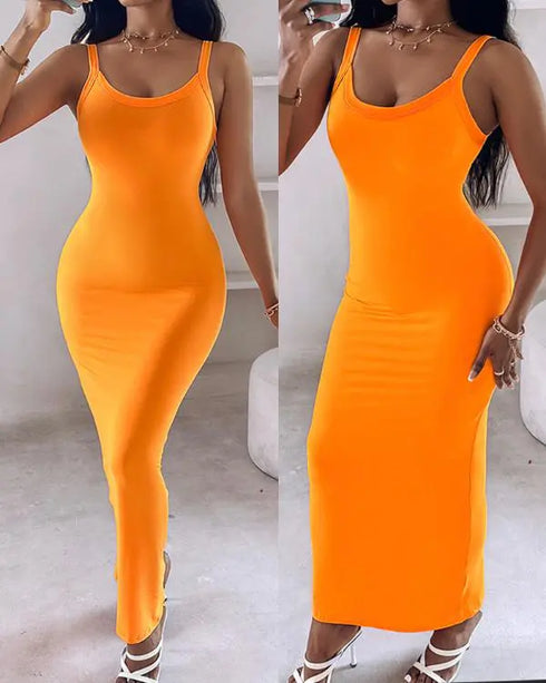 Spaghetti Strap U-Neck Casual Maxi Dress Slim Fit Cami Vacation Dress orange