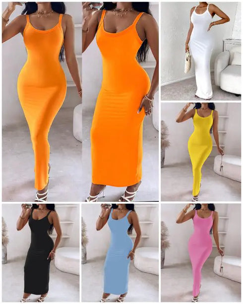 Spaghetti Strap U-Neck Casual Maxi Dress Slim Fit Cami Vacation Dress orange