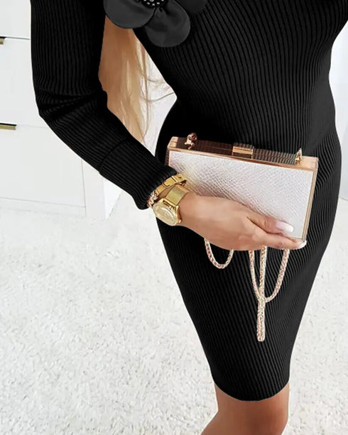 Floral Pattern V Neck Bodycon Mini Dress Long Sleeve Knit Sweater Dress black