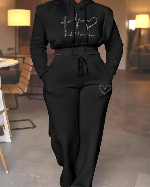 2 Pieces Outfit Rhinestone Graphic & Letter Pattern 3D Design Crop Drawstring Hoodie Sweatshirt and Casual Drawstring Elastic Waist Wide Leg Sweatpants Set black