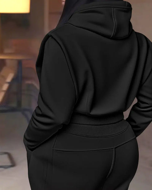 2 Pieces Outfit Long Sleeve Crop Drawstring Hoodie Sweatshirt with Thumb Hole Cuffs and Casual Drawstring Elastic Waist Wide Leg Sweatpants Set black