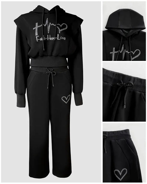 2 Pieces Outfit Long Sleeve Crop Drawstring Hoodie Sweatshirt with Thumb Hole Cuffs and Casual Drawstring Elastic Waist Wide Leg Sweatpants Set black