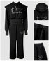 2 Pieces Outfit 3D Design Crop Drawstring Hoodie Top and Drawstring Elastic Waist Wide Leg Sweatpants Set Casual Rhinestone Letter Pattern Sweatshirt Set black