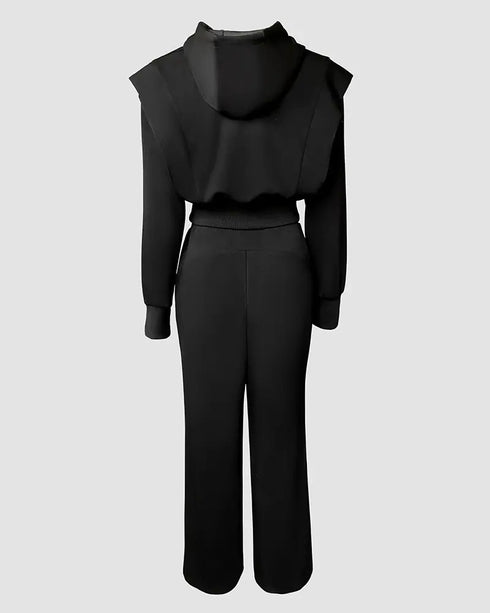 2 Pieces Outfit Rhinestone Graphic & Letter Pattern 3D Design Crop Drawstring Hoodie Sweatshirt and Casual Drawstring Elastic Waist Wide Leg Sweatpants Set black