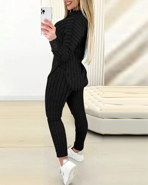 2 Pieces Outfit Drop Shoulder Lace Cuffs Asymmetrical Hem Drawstring Hoodie Top and Elastic Waist Slim Fit Pants Set Casual Brushed Ribbed Set black