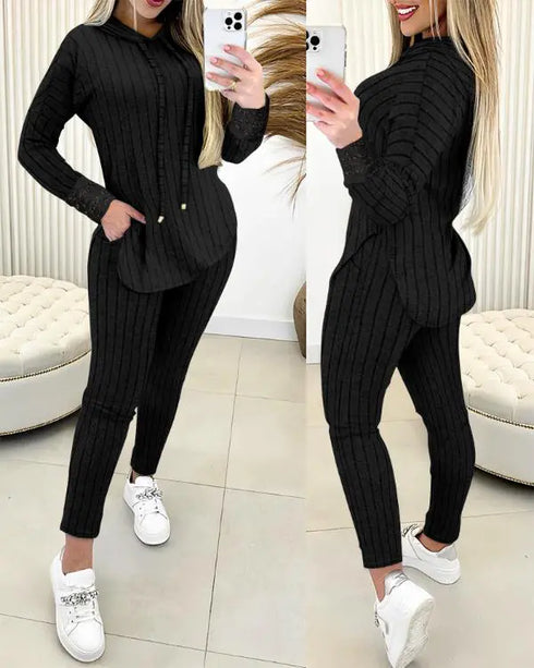 2 Pieces Outfit Drop Shoulder Lace Cuffs Asymmetrical Hem Drawstring Hoodie Top and Elastic Waist Slim Fit Pants Set Casual Brushed Ribbed Set black