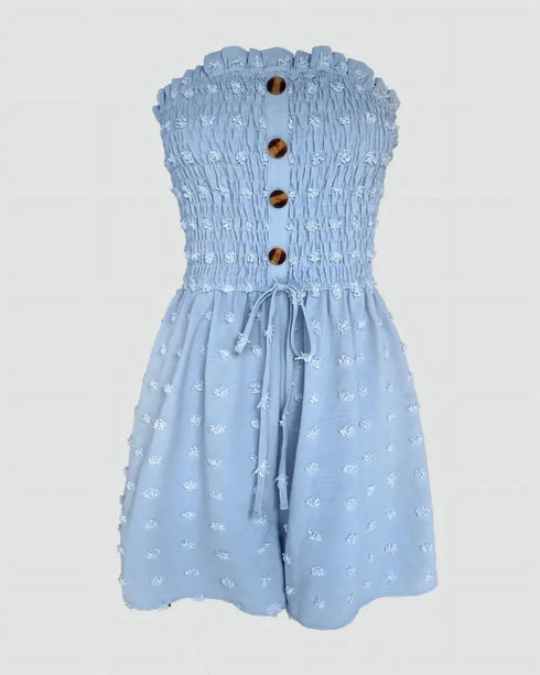 Floral Print Bandeau Shirred Romper Casual Button Decor Short Jumpsuit sky blue