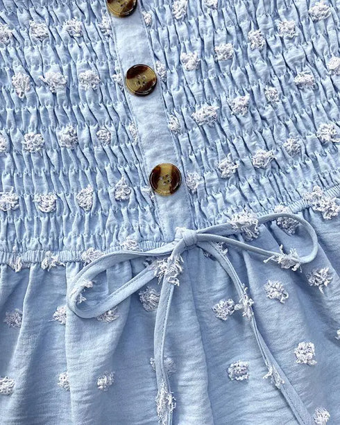 Floral Print Bandeau Shirred Romper Casual Button Decor Short Jumpsuit sky blue