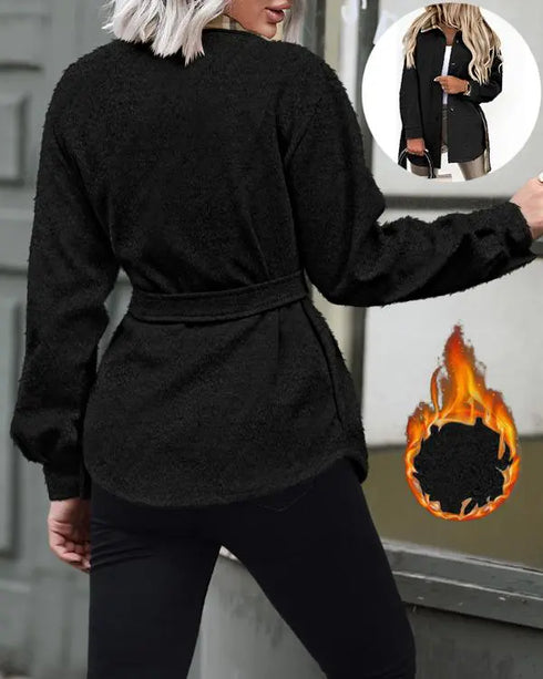 Plaid Pattern Reversible Fleece Teddy Coat Button Down Tied Detail Warm Jacket black