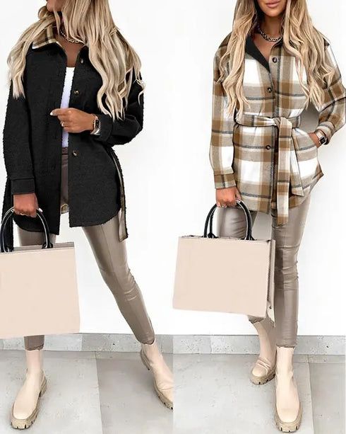 Plaid Pattern Reversible Fleece Teddy Coat Button Down Tied Detail Warm Jacket black