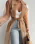 Notched Collar Long Sleeve Double Breasted Sheer Mesh Jacket Casual Longline Trench Coat with Belt nude