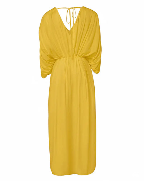 Deep V-Neck Ruched Three Quarters Sleeve Backless Overalls Casual Waist-Gathered Tied Detail Jumpsuit without Belt yellow