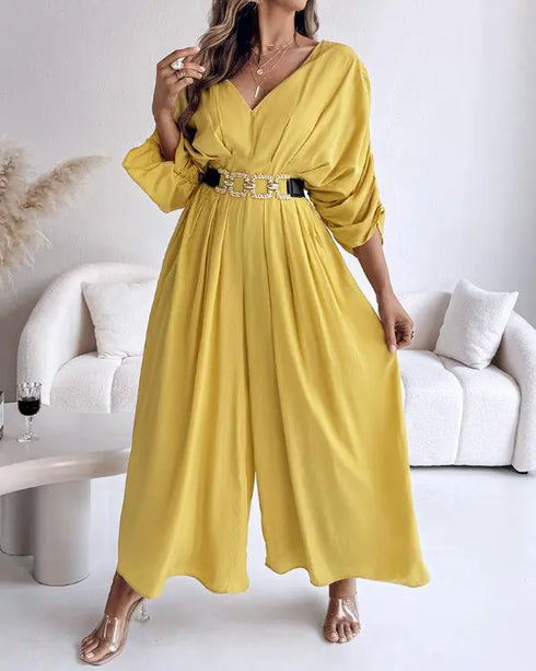 Deep V-Neck Ruched Three Quarters Sleeve Backless Overalls Casual Waist-Gathered Tied Detail Jumpsuit without Belt yellow