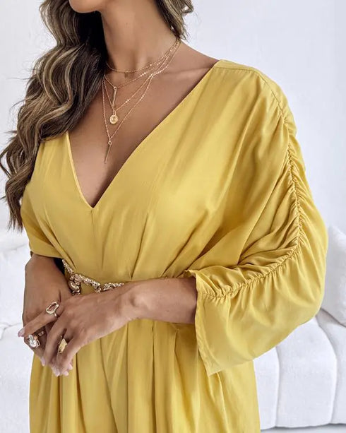Deep V-Neck Ruched Three Quarters Sleeve Backless Overalls Casual Waist-Gathered Tied Detail Jumpsuit without Belt yellow