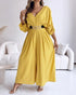 Deep V-Neck Ruched Three Quarters Sleeve Backless Overalls Casual Waist-Gathered Tied Detail Jumpsuit without Belt yellow