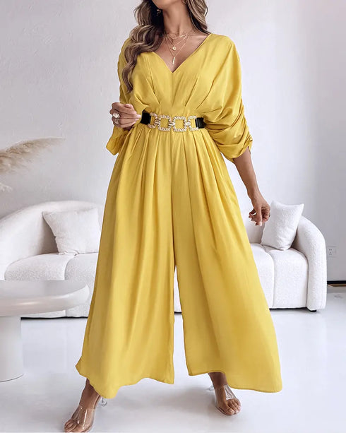 Deep V-Neck Ruched Three Quarters Sleeve Backless Overalls Casual Waist-Gathered Tied Detail Jumpsuit without Belt yellow