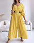 Deep V-Neck Ruched Three Quarters Sleeve Backless Overalls Casual Waist-Gathered Tied Detail Jumpsuit without Belt yellow