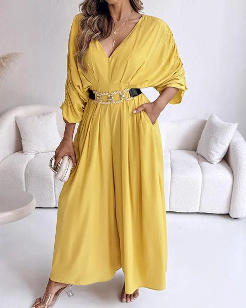 Deep V-Neck Ruched Three Quarters Sleeve Backless Overalls Casual Waist-Gathered Tied Detail Jumpsuit without Belt yellow