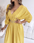 Deep V-Neck Ruched Three Quarters Sleeve Backless Overalls Casual Waist-Gathered Tied Detail Jumpsuit without Belt yellow