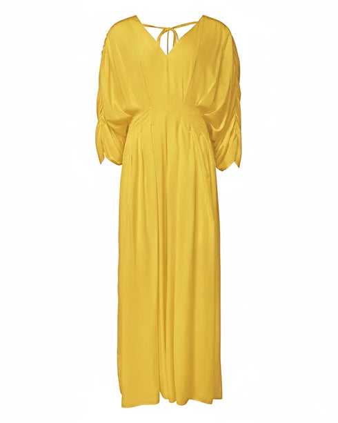 Deep V-Neck Ruched Three Quarters Sleeve Backless Overalls Casual Waist-Gathered Tied Detail Jumpsuit without Belt yellow