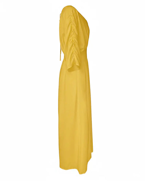 Deep V-Neck Ruched Three Quarters Sleeve Backless Overalls Casual Waist-Gathered Tied Detail Jumpsuit without Belt yellow