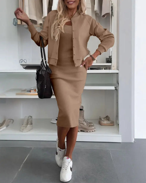 2 Pieces Outfit U-Neck Slit Back Slim Fit Knit Tank Dress and Pearl Button Front Baseball Coat Casual Ribbed Set khaki