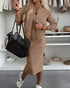 2 Pieces Outfit U-Neck Slit Back Slim Fit Knit Tank Dress and Pearl Button Front Baseball Coat Casual Ribbed Set khaki