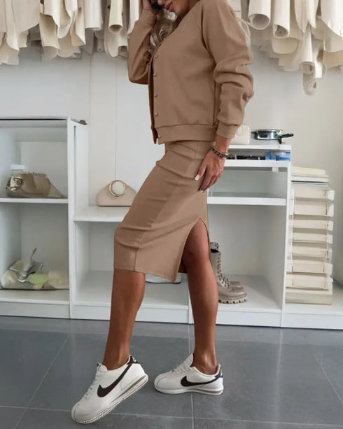 2 Pieces Outfit U-Neck Slit Back Slim Fit Knit Tank Dress and Pearl Button Front Baseball Coat Casual Ribbed Set khaki